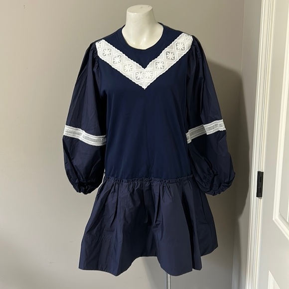 Tanya Taylor Kristie Mini Dress in Navy Blue and White Lace Poplin Sz M NEW - Picture 4 of 16